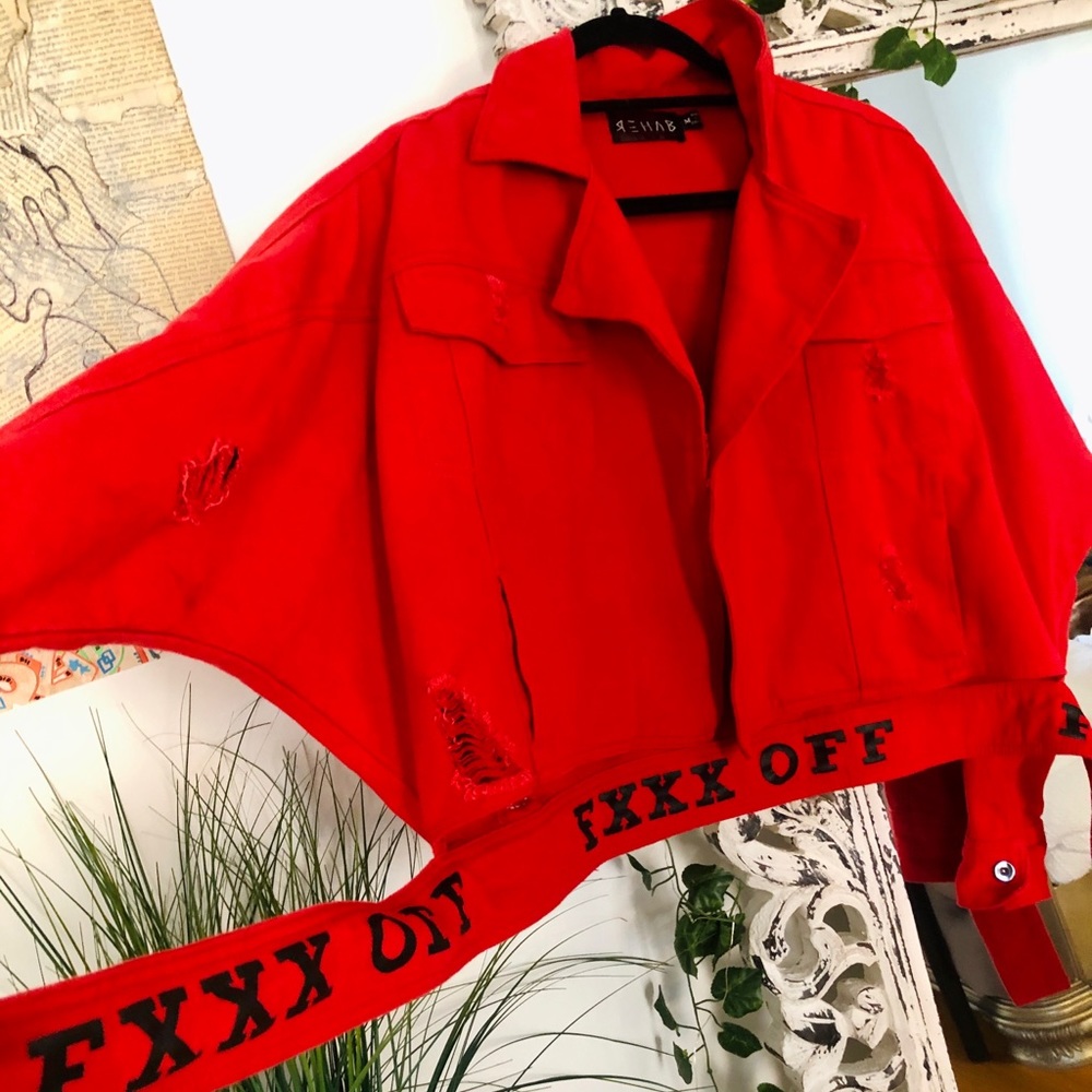 REHAB Cropped Distressed Vintage Red Denim Jacket